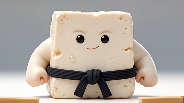 Surreal 3D Animation of a Cute Tofu Character Practicing Karate and Breaking a Wooden Board
