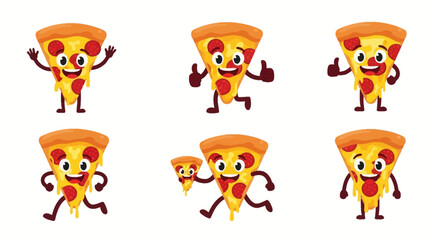 Obraz premium Cartoon pizza characters in various dynamic poses on a clean white background