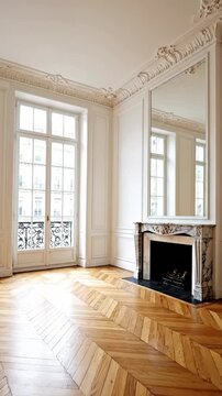 A bright, unfurnished classic room with a marble fireplace and parquet floors, evoking a sense of luxury and new beginnings. Ideal for real estate or 