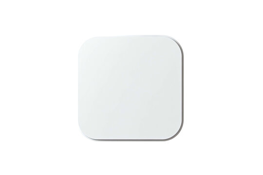 A minimalist, square, white object with rounded corners floats against a black backdrop