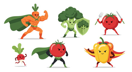 Obraz premium Vibrant Vegetable Superheroes in Action, Fights for Healthy Eating, Illustration of Cartoon Characters, Whimsical Scene, Playful Environment