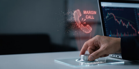 Margin call concept with hand adjusting leverage control and stock market loss graph on laptop screen representing ai investment risk