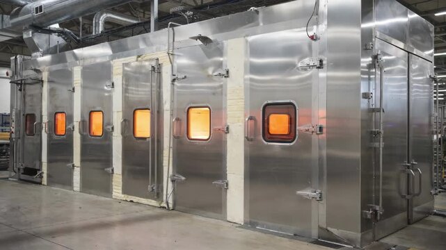 Medium view of insulated heat set tunnel oven with thick thermal barriers retaining heat to enhance energy efficiency in manufacturing processes.