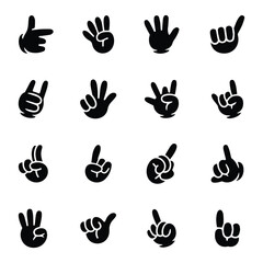 Fototapeta premium Set of 16 cartoon hand gesture icons in black silhouette on a white background.