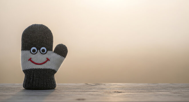 Happy sock puppet with eyes and smile against a misty background  