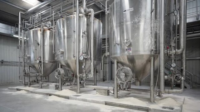 Medium shot of tall metal ingredient silos inside an industrial warehouse storing fine flour with visible pipes and gauges for automated dispensing.