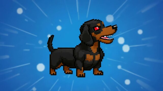 Playful pixel dachshund barking animation with blue starburst background