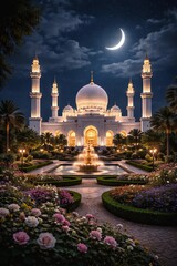 Obraz premium beautiful white mosque in a peaceful evening setting