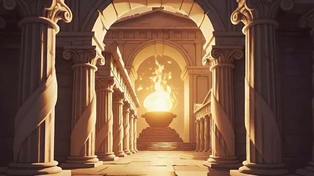 Ancient temple ruins with twisted columns bathed in golden light