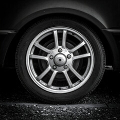 Obraz premium Car wheel. Black and white, metal spokes, tire texture, dark background and shadow