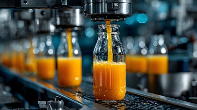 High-tech industrial bottling line with clear glass bottles being filled with golden orange juice through stainless steel machinery art.