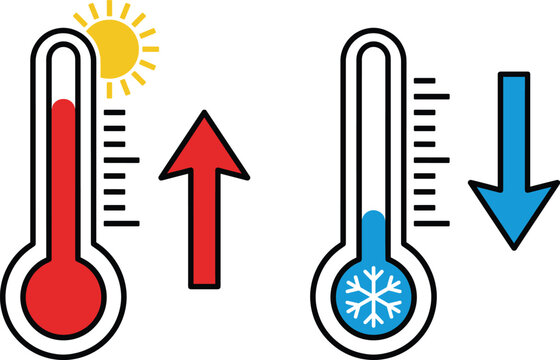 Hot and cold temperature thermometer icon set illustrating heat and cold levels, climate change, weather forecast, and temperature increase and decrease concepts isolated on white