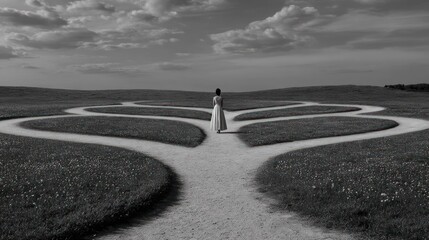 Woman standing at crossroads symbolizing decisions and paths in life
