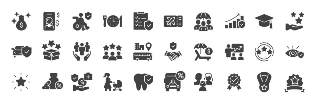 Employee benefit web line icons. Included icons as teamwork, insurance, paid Vacation, pension, social Security. Vector illustration.