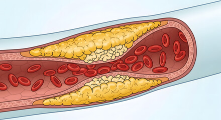 Illustration of blood vessels blocked by cholesterol plaque