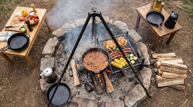 Rustic Outdoor Cooking Over Open Fire.