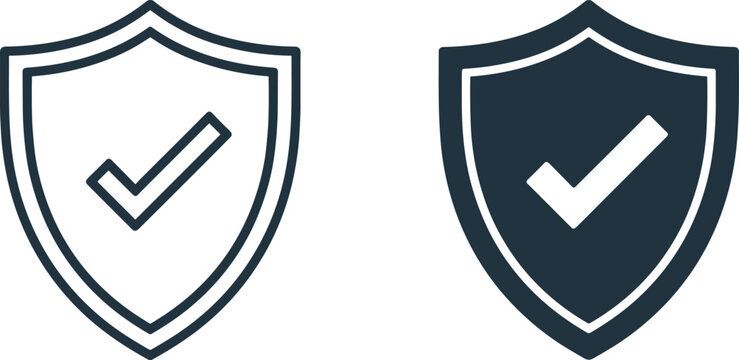 Shield with check mark icon set representing security, protection, verification, trust, safety approval, and secure system status in outline and solid styles isolated on white