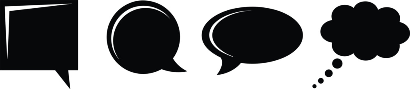 Speech bubble and thought cloud icon set representing communication, conversation, messaging, dialogue, and ideas in bold black silhouette style isolated on white background
