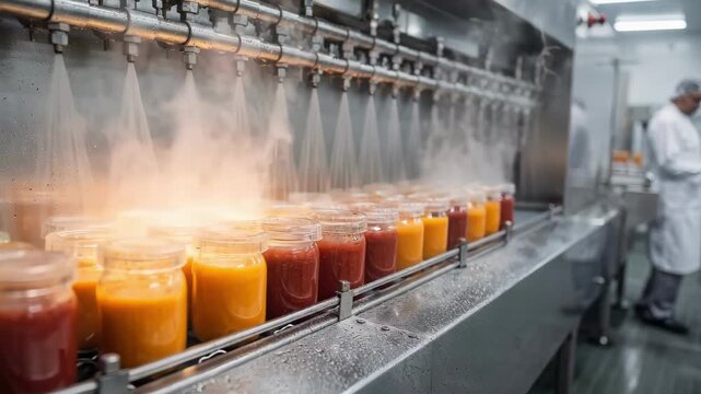 Medium shot of a tunnel pasteurizer applying steam heat to sealed sauce containers ensuring sterilization with a continuous flow system in a modern food processing plant.