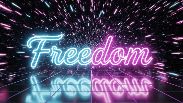 Freedom" neon sign with a reflective surface and a light-streaked background