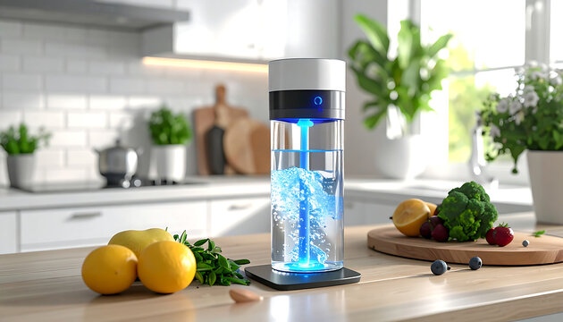 Kitchen setup countertop water purifier with blue light, fruits, vegetables, white cabinets, and natural light