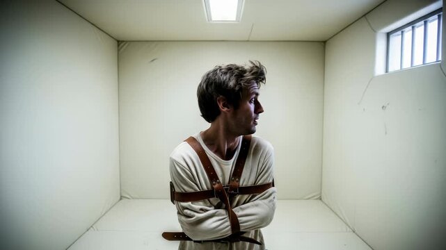 Man in straitjacket looking around a padded cell, fear and confusion