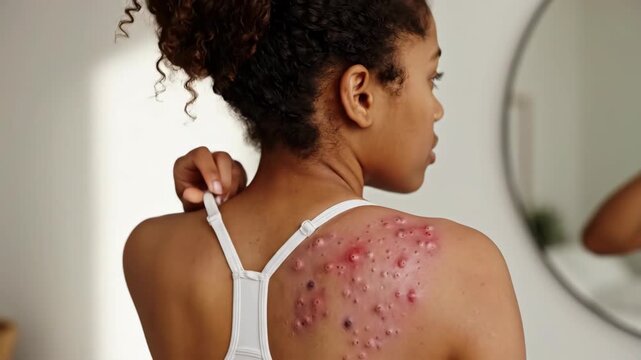 Woman with acne on her back. Inflammation of skin with pimples and pustules as symptom of a skin disease awareness.