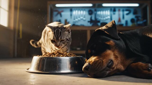 Cat eats kibble while dog sleeps happily beside food bowl