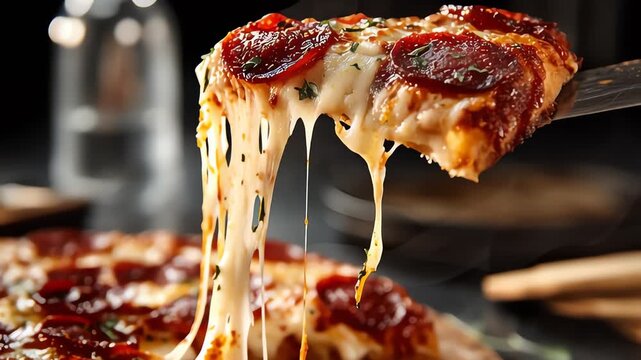 Incredible Cheese Pull Pepperoni Pizza Slice Lifted From Whole Pie