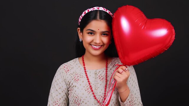 Teenage Indian Girl in Casual Salwar Kameez Holding Heart Shaped Balloon  and Winking Cutely with Shy Happy Smile on Black Studio Background