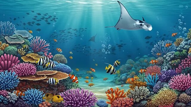 Underwater Scene with Marine Life and Coral Reef.