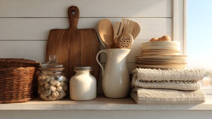 Wooden kitchen items displayed on shelf culinary and home decor elements