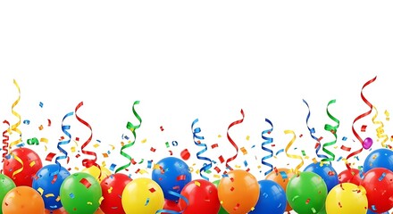 Colorful Party Balloons and Streamers with Confetti on White Background.