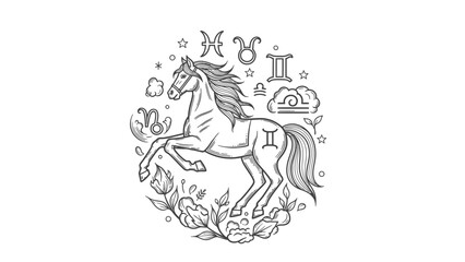 Naklejka premium Zodiac Horse Illustration with Astrological Symbols