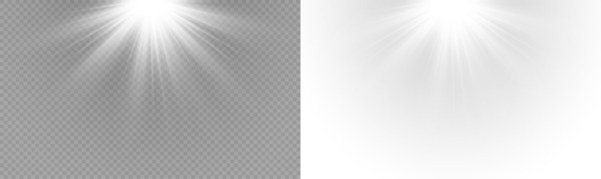 Yellow star flashed with sparkles sun isolated on white background. Soft glow without departing rays, sunlight with lens flare effect. PNG vector light effect.