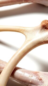 Close-up of clean, raw animal bones on a bright white background. Natural textures and bone structures are visible. Ideal for culinary uses like broth recipes, pet food, or educational content on anat