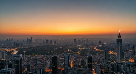 Fototapeta premium Cityscape at Dusk with Skyscrapers and Sunset.