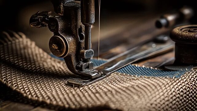 Vintage Sewing Machine Stitching Fabric Close-up