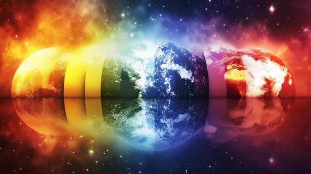 Colorful planetary reflection journey through cosmic elements and celestial wonders