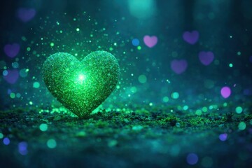 Fototapeta premium Glowing green heart made of sparkling particles on dark bokeh background with soft light effects. Romantic abstract concept symbolizing love, care, emotion, energy and connection.