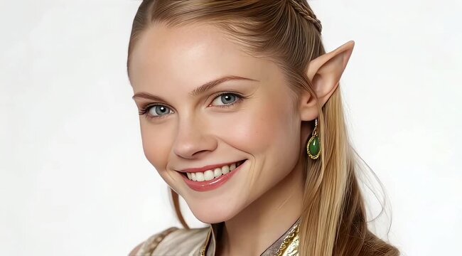 Close Up White Caucasian Elf Woman Portrait with Pointed Ears and Fantasy Style