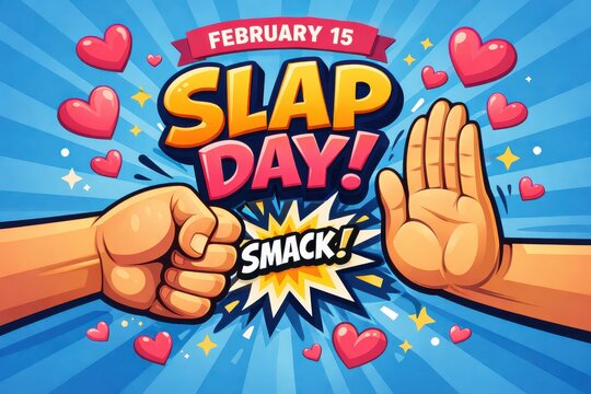 Slap Day text with February 15 date and hands on blue background Keywords: slap day, text