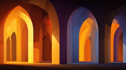 Abstract architectural arches bathed in warm sunlight and creating shadows