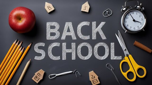 Back To School Concept Flat Lay On Chalkboard With Supplies