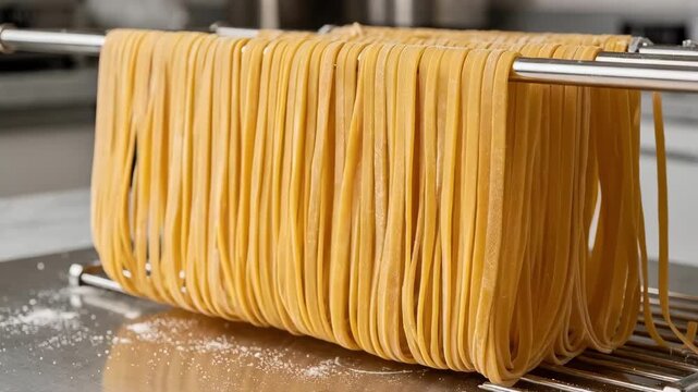Closeup medium shot focusing on fettuccine ribbons hanging in neat rows on metal racks showcasing the silky texture and fresh pasta preparation in a modern culinary setting.