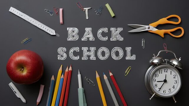 Back to School Education Supplies Flat Lay on Chalkboard Background