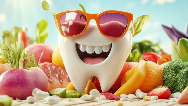Animated tooth enjoys vibrant fruit and vegetable garden on a sunny day