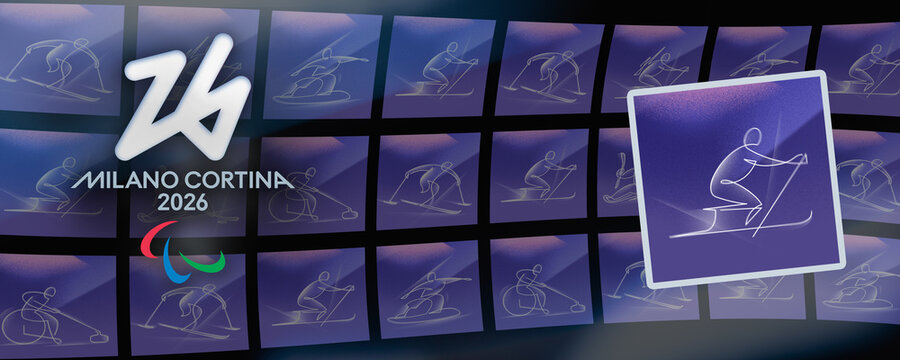 MILAN, ITALY, FEBRUARY 4 2026. Futura Paralympic emblem and Agitos symbol next to a highlighted box of the para cross country skiing pictogram on a grid background of winter sports icons