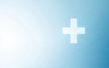 Obraz premium Soft glowing white Christian cross symbol floating on light blue watercolor wash with subtle bokeh light particles.