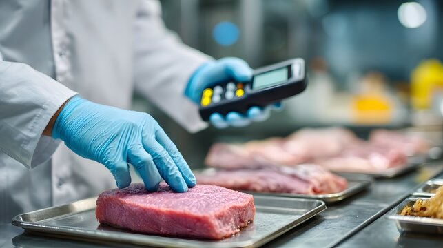 Food safety inspector in white lab coat using digital probe thermometer to check temperature of raw meat in professional clean kitchen.